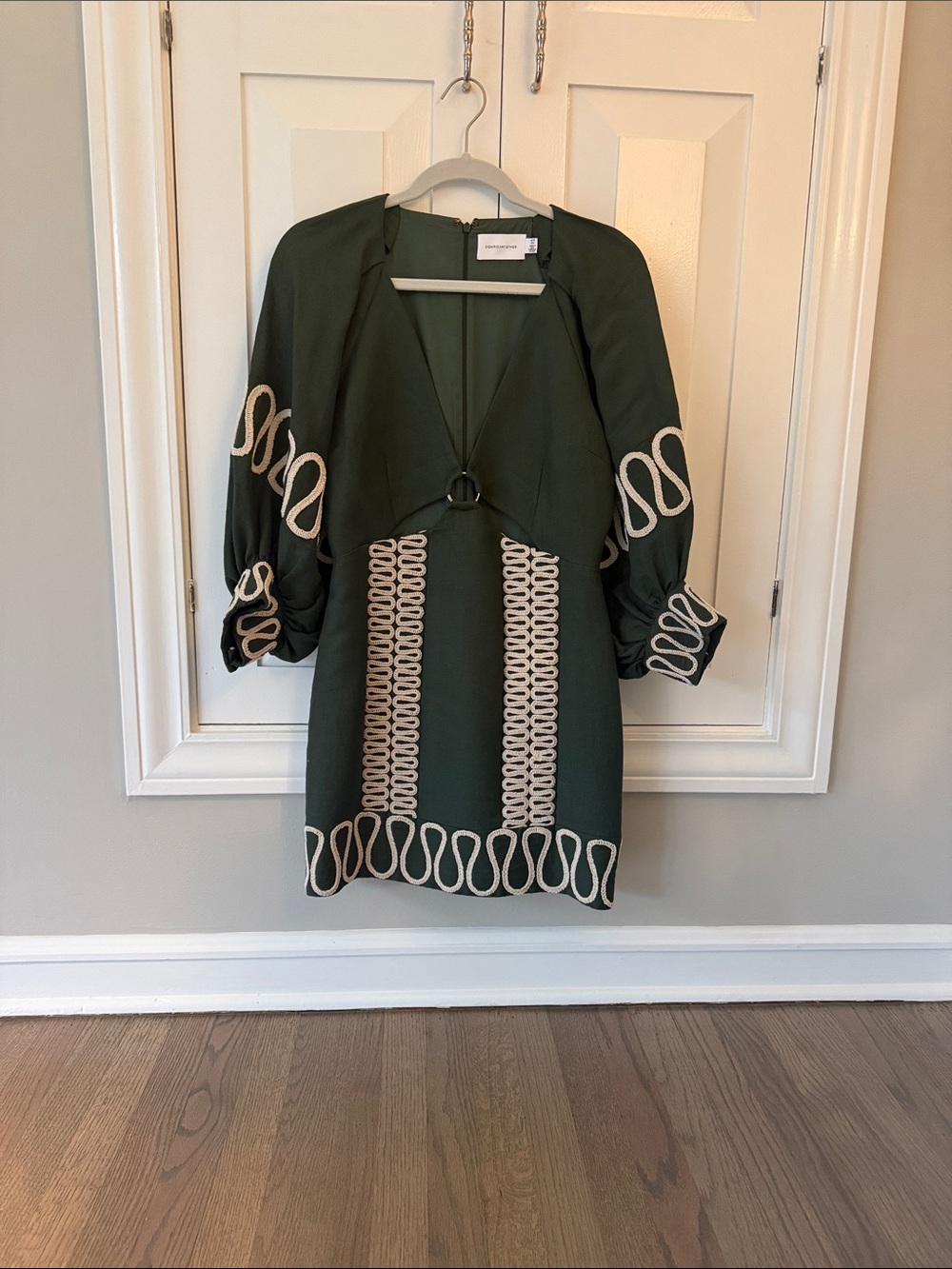 Olive Green Embroidered Mini Dress with Front Ring Detail
